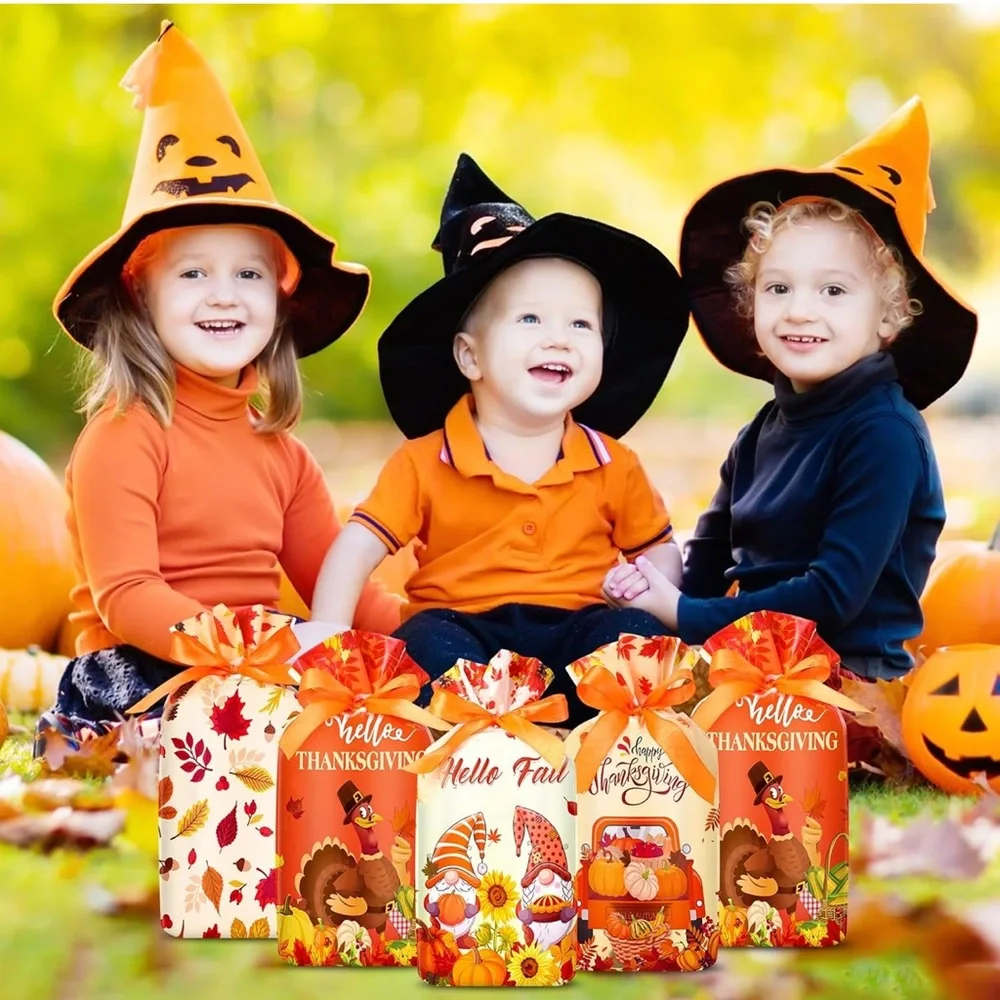 50 Thanksgiving and Fall Themed Gift Bags Plastic with Drawstring - Picture 2 of 5